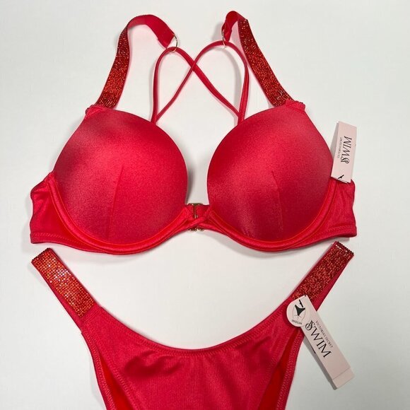 Victoria Secret 38D XL Bombshell Push Up Top Cheeky Bikini Set Shine Strap Pink - Picture 3 of 13